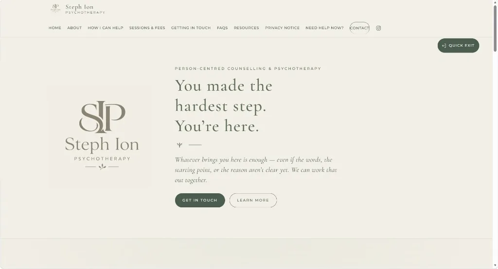 Homepage of Steph Ion Psychotherapy, with the heading You made the hardest step. You’re here.